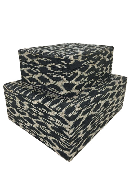 Eco-friendly Trixie Storage Boxes Black Traditional made from 100% natural plant fiber and tinalak handloomed fabric by the T'boli tribe. Featuring a luxurious faux suede lining, these boxes offer stylish and sustainable storage solutions for your home.