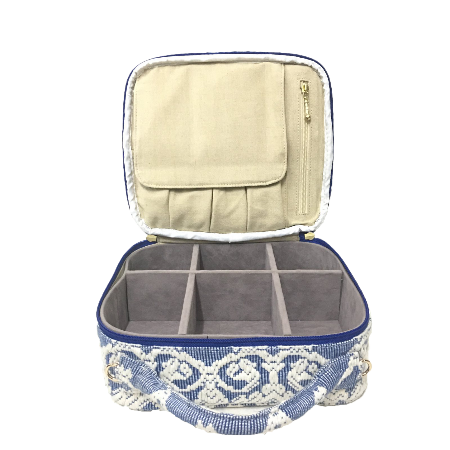 Dani Makeup Travel Bag, crafted with handwoven Abel Iloco fabric from the Ilocos region in the Philippines, featuring intricate nature-inspired patterns like stars, rivers, and florals. This makeup bag is spacious, ideal for organizing cosmetics and travel essentials, with 50% linen and 50% suede lining, and removable cotton straps. A tribute to Filipino heritage and sustainable craftsmanship. Spot clean and air dry to maintain its quality