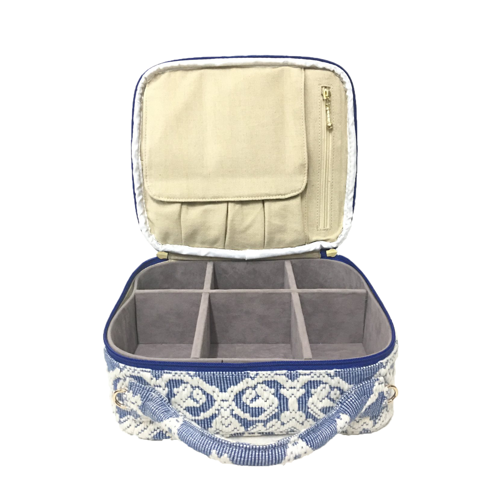 Dani Makeup Travel Bag, crafted with handwoven Abel Iloco fabric from the Ilocos region in the Philippines, featuring intricate nature-inspired patterns like stars, rivers, and florals. This makeup bag is spacious, ideal for organizing cosmetics and travel essentials, with 50% linen and 50% suede lining, and removable cotton straps. A tribute to Filipino heritage and sustainable craftsmanship. Spot clean and air dry to maintain its quality