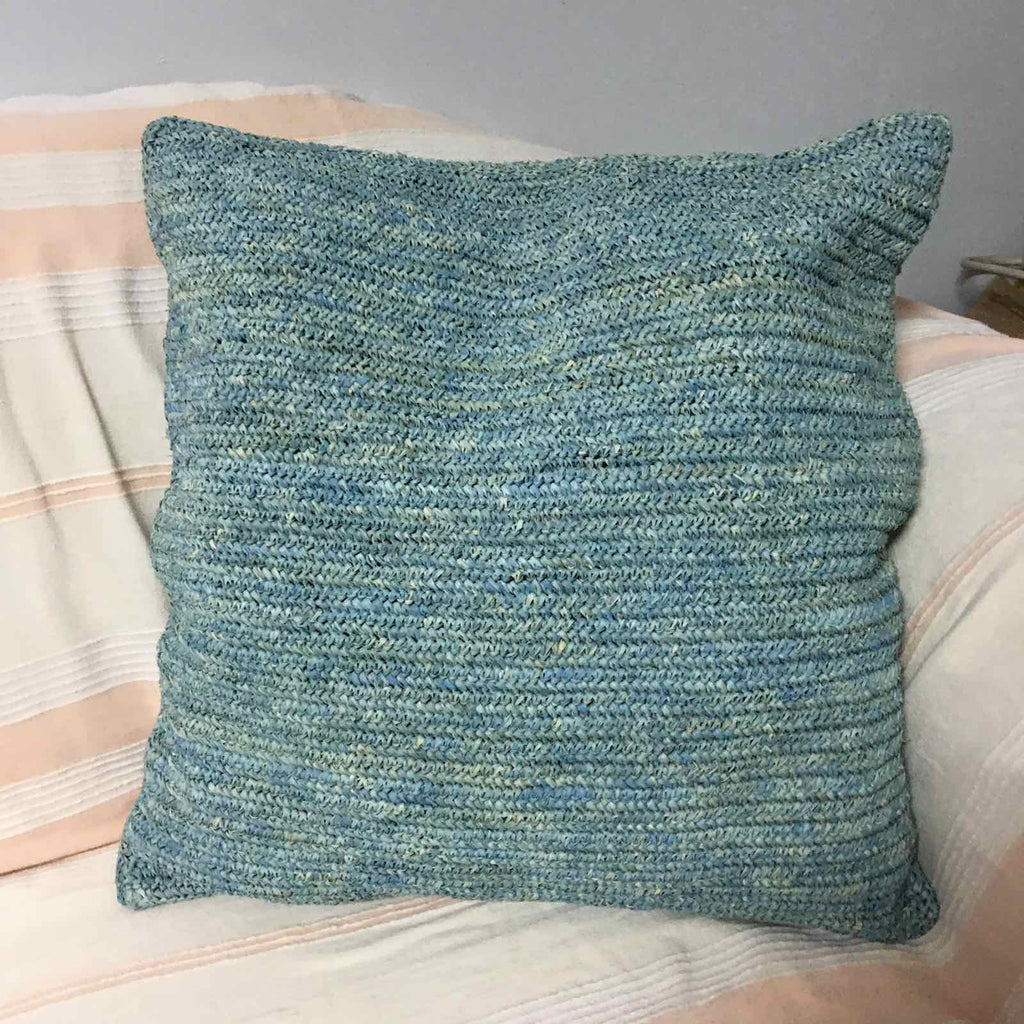 Hand-Crocheted Powder Blue Raffia Pillow Case - eco-friendly, artisan-crafted pillow covers in natural raffia, perfect for adding modern organic luxury to any living space.