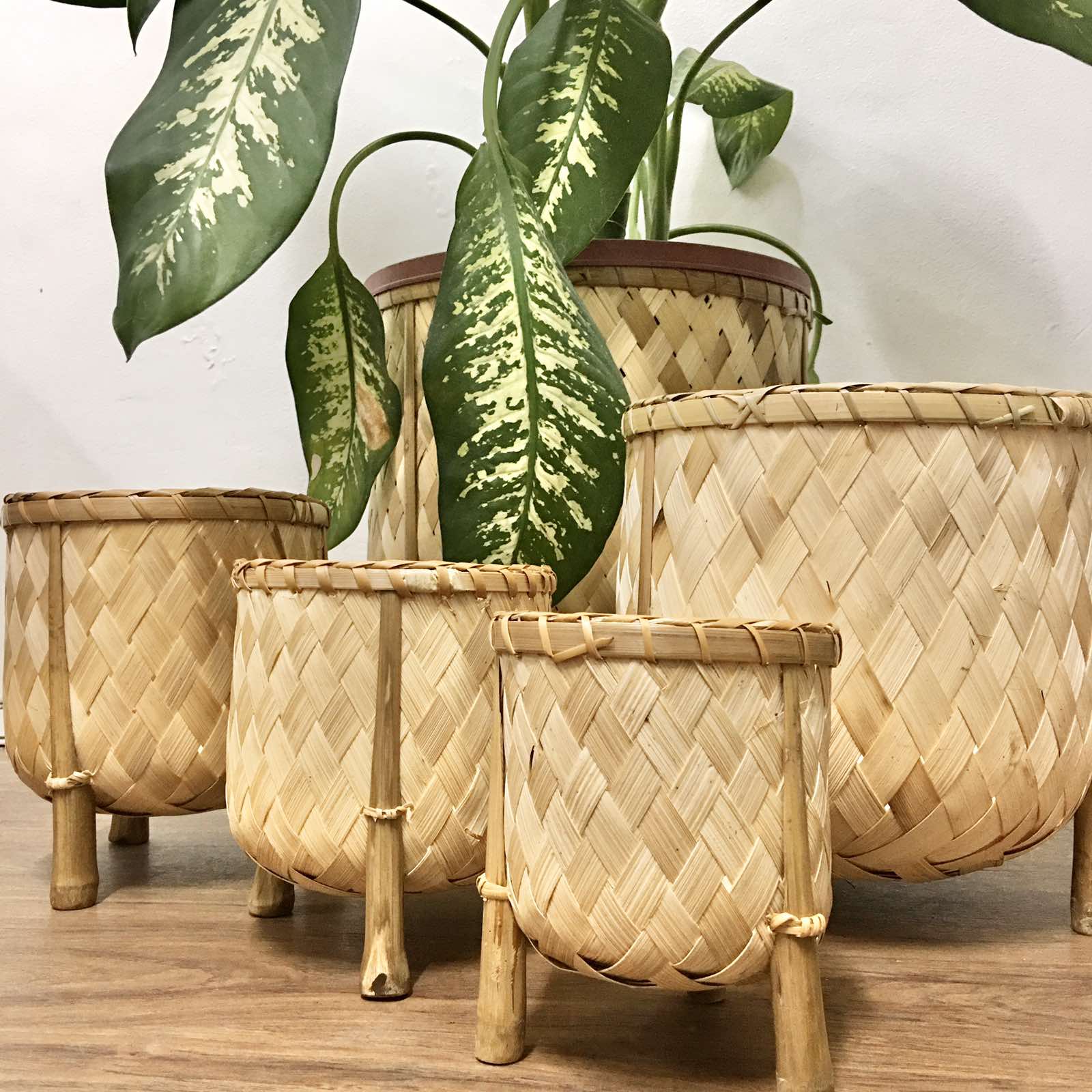 Veronica Bamboo Planter, 12-inch diameter, handcrafted from bamboo, ideal for displaying plants in eco-friendly style.